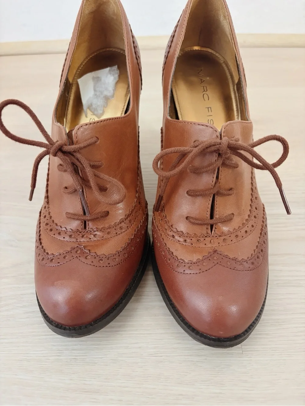 Marc Fisher Vintage Tan leather lace up brogue heels, coquette 40s style heels